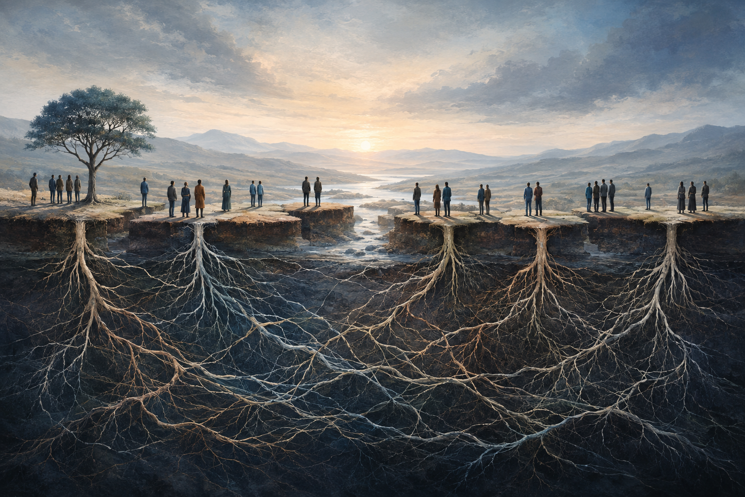 Individuals and small groups stand on separated stretches of earth above an intertwined network of roots, with mountains and soft dawn light in the distance.